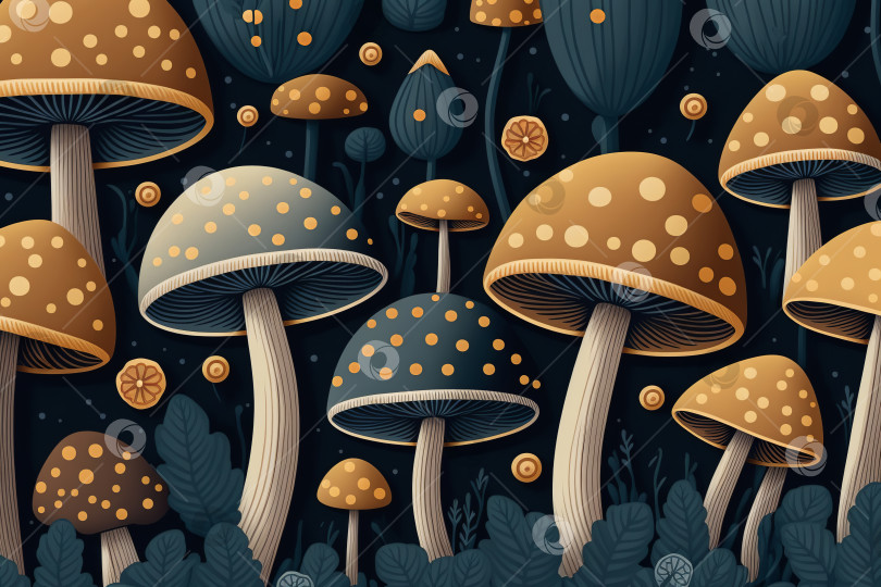 Скачать Желто-синий узор из грибов, иллюстрация плоской укладки, генеративный искусственный интеллект фотосток Ozero