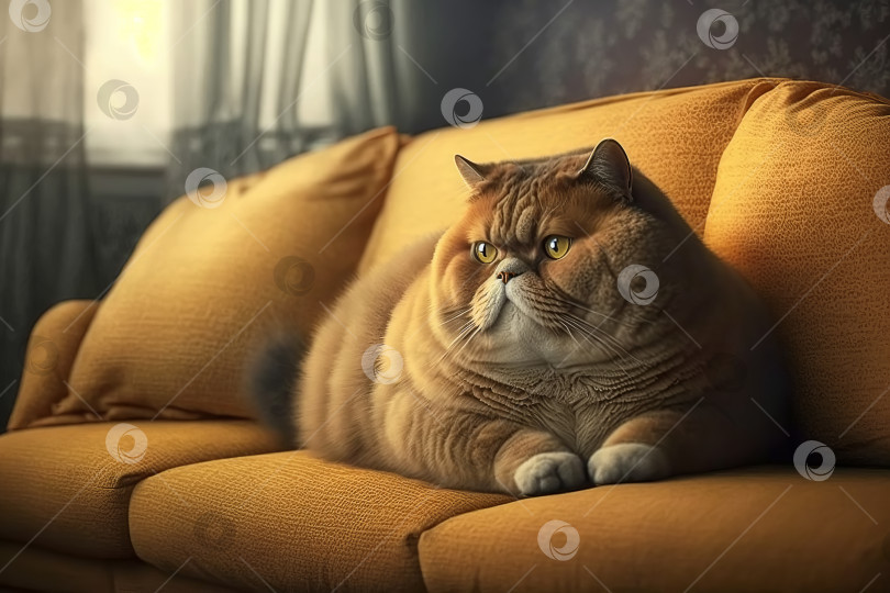 Скачать Толстый рыжий кот лежит на диване. Ленивый тучный питомец в закрытом помещении. Иллюстрация генеративного искусственного интеллекта фотосток Ozero