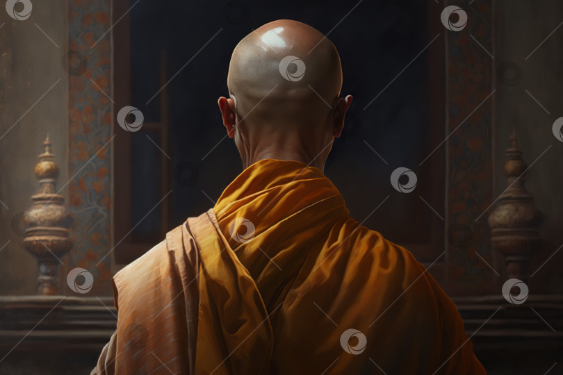 Скачать Религия Буддизм, концепция духовности. Вид сзади на лысого буддийского монаха в оранжевом традиционном одеянии в храме., крупный план. Иллюстрация генеративного искусственного интеллекта фотосток Ozero