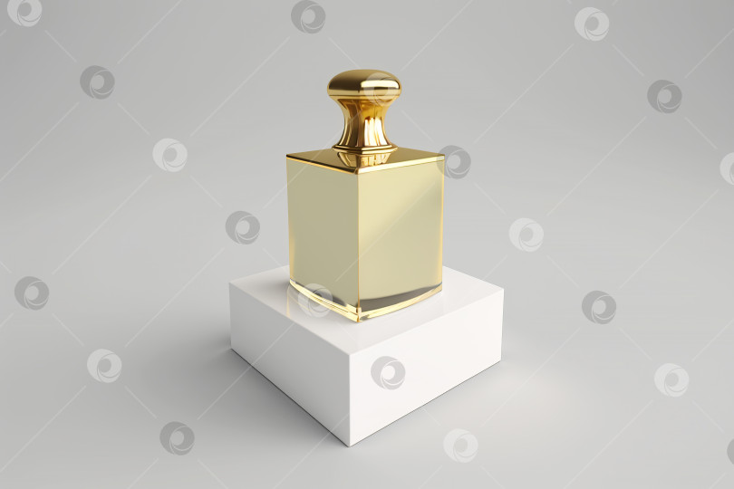 Скачать Золотой флакон духов на белом подиуме, минималистичный дизайн макета парфюма. Концепция косметики и сферы красоты. Порождающий искусственный интеллект фотосток Ozero