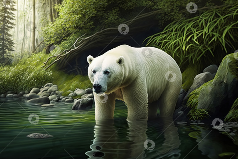 Скачать Дикая природа и глобальное потепление, концепция климатической проблемы. Северный белый медведь в лесу в талой воде солнечным жарким летом. Иллюстрация, созданная генеративным искусственным интеллектом фотосток Ozero