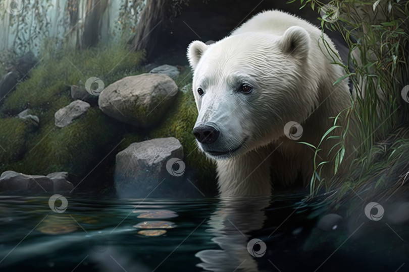 Скачать Дикая природа и глобальное потепление, концепция экологической проблемы. Печальный северный белый медведь в лесу в талой воде летом. Созданный генеративным искусственным интеллектом фотосток Ozero