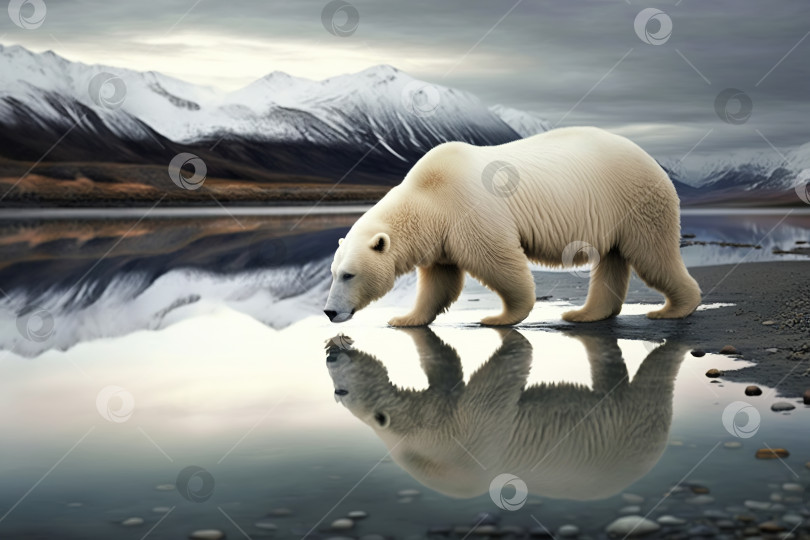 Скачать Белый медведь на Северном полюсе пьет воду на фоне горы. Крупное млекопитающее в природе, вид сбоку. Созданный генеративным искусственным интеллектом фотосток Ozero