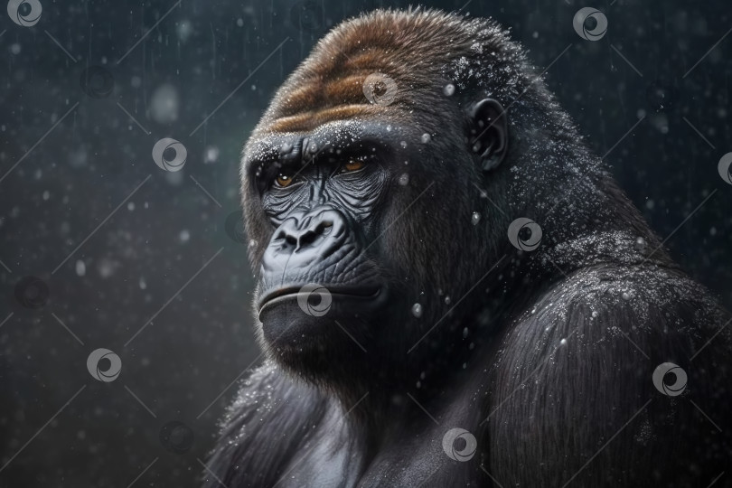 Скачать Портрет красивой африканской гориллы в снегопад на открытом воздухе. Большая тропическая обезьяна, животное-примат. Созданный генеративным искусственным интеллектом фотосток Ozero