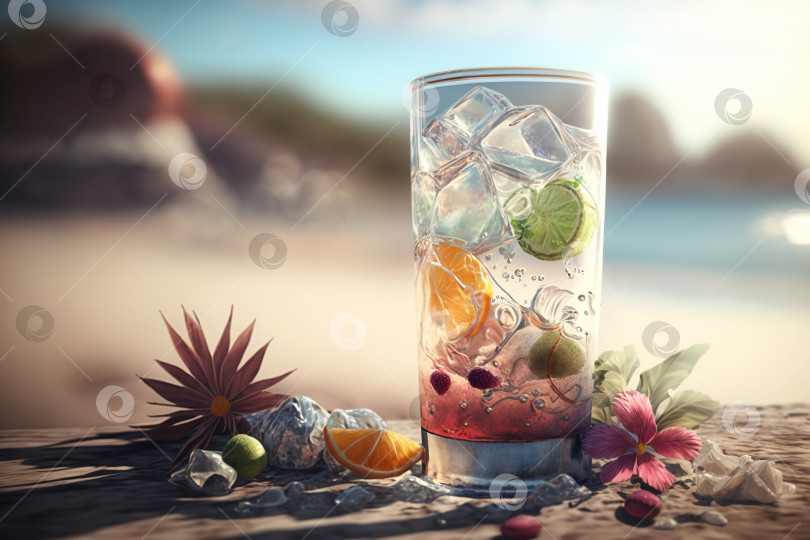 Скачать Освежающий коктейль с фруктами и льдом в бокале на песке на пляже у воды, copy space. Концепция отпуска, релаксации. Порождающий искусственный интеллект фотосток Ozero