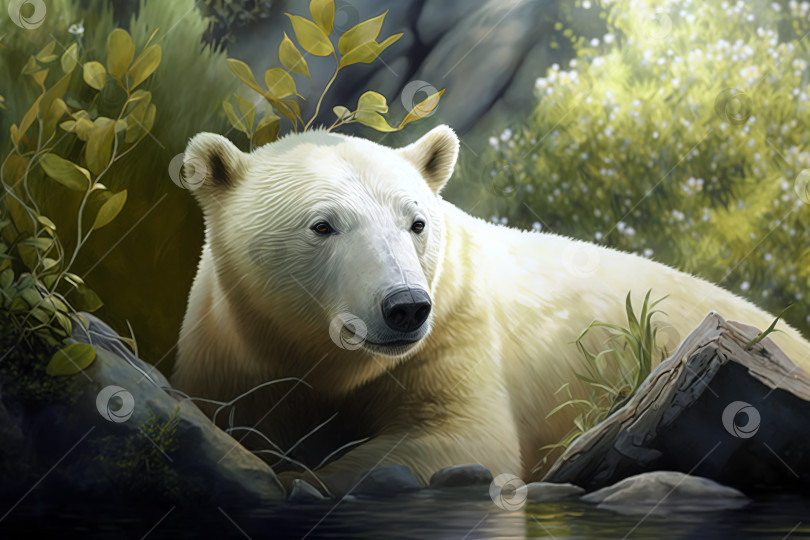 Скачать Уставший северный белый медведь лежит в талой воде солнечным жарким летом в лесу. Дикая природа и глобальное потепление, концепция климатической проблемы. Иллюстрация, созданная генеративным искусственным интеллектом фотосток Ozero