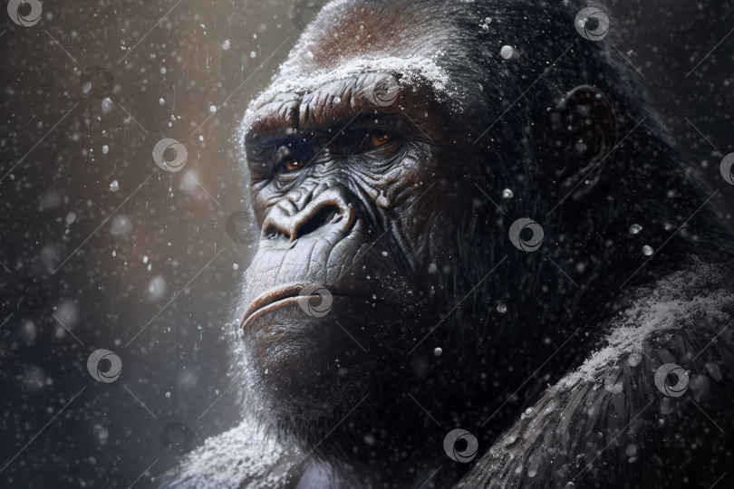 Скачать Грустная африканская горилла в снегопад на открытом воздухе, портрет крупным планом. Большая тропическая обезьяна, животное-примат. Созданный генеративным искусственным интеллектом фотосток Ozero