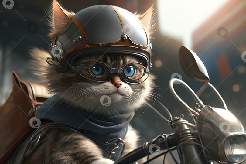 Скачать Милый кот в очках и шлеме едет на мотоцикле с большой скоростью, забавный домашний байкер. Креативная иллюстрация животных, созданная с помощью генеративного искусственного интеллекта фотосток Ozero