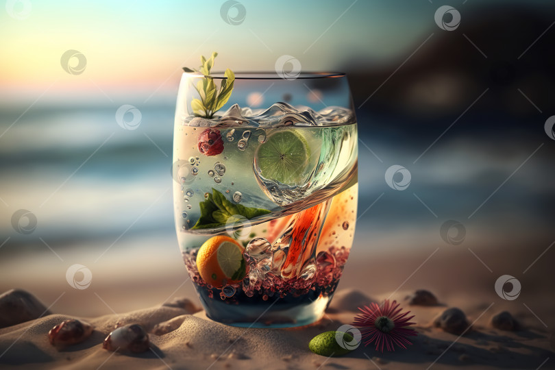 Скачать Фруктовый коктейль в бокале на пляже в солнечный день, освежающий напиток крупным планом. Порождающий искусственный интеллект фотосток Ozero