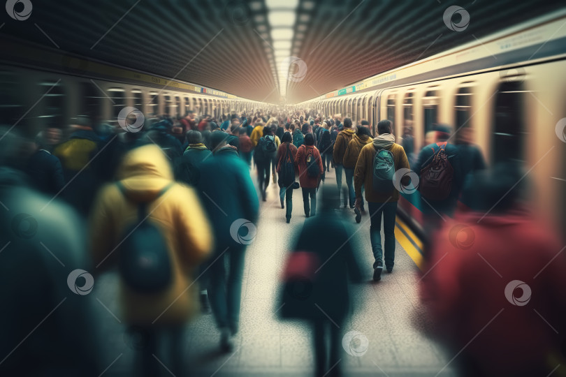 Скачать Час пик в подземном метро, толпа людей размыта в движении. Иллюстрация, созданная генеративным искусственным интеллектом фотосток Ozero