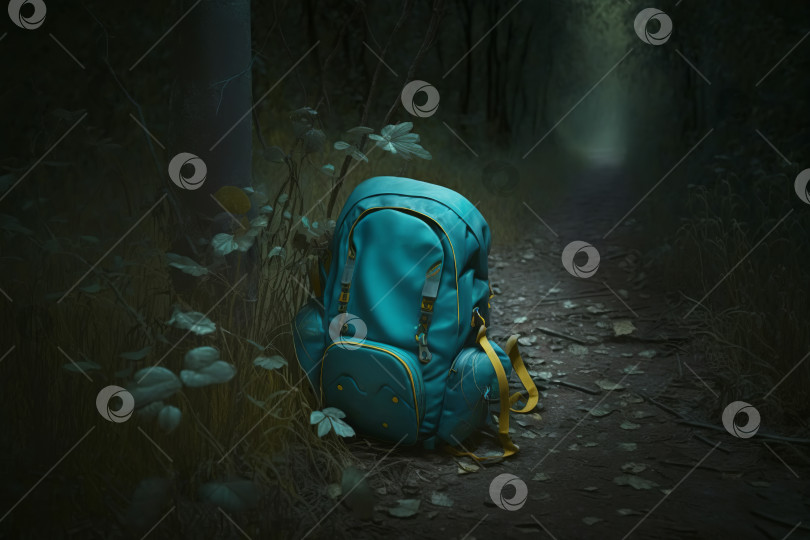 Скачать Концепция пропавшего, похищенного ребенка. Брошенный детский школьный рюкзак на тропинке в темном лесу. Порождающий искусственный интеллект фотосток Ozero