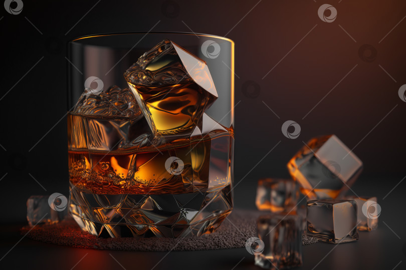 Скачать Дорогой алкогольный напиток в бокале с кубиками льда на столе, крупным планом. Порождающий искусственный интеллект фотосток Ozero