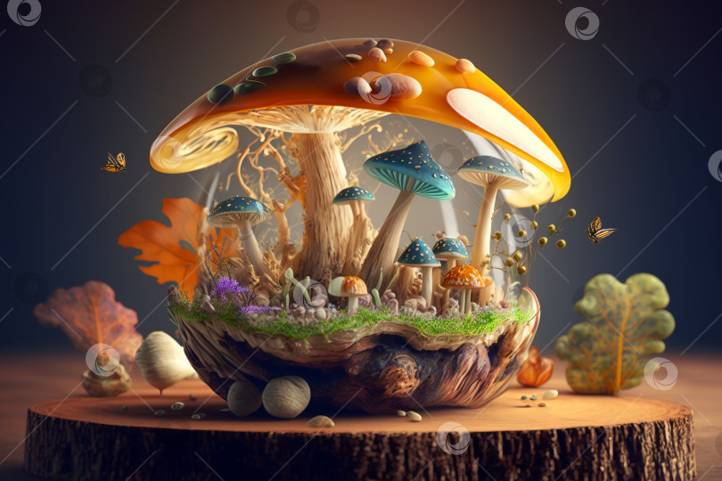 Скачать Симпатичные яркие грибы, растущие на деревянном подиуме, крупным планом. Иллюстрация генеративного искусственного интеллекта фотосток Ozero