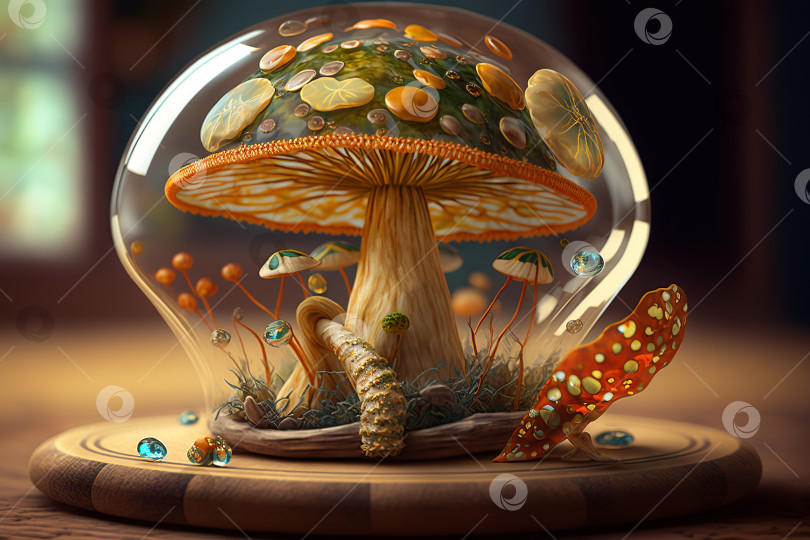 Скачать Фантастические грибы, растущие в стеклянном куполе на столе в помещении. Порождающий искусственный интеллект фотосток Ozero