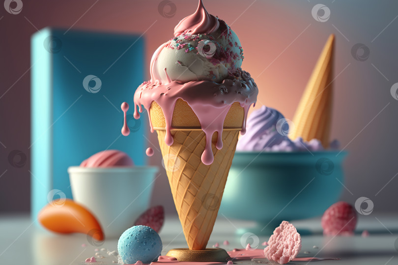 Скачать Шарики мороженого в вафельном рожке. Модный стиль сладкой еды. Иллюстрация, созданная генеративным искусственным интеллектом фотосток Ozero