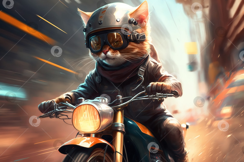 Скачать Брутальный крутой кот-байкер, серьезный пушистый питомец в шлеме, очках, быстро едущий на мотоцикле, размытое изображение в движении. Креативная иллюстрация, созданная с помощью генеративного искусственного интеллекта фотосток Ozero