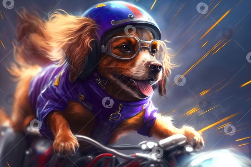 Скачать Портрет собаки-супергероя-байкера. Забавный пушистый питомец в фиолетовом шлеме, очках и с высунутым языком быстро едет на мотоцикле, размытое изображение в движении. Креативная иллюстрация, созданная с помощью генеративного искусственного интеллекта фотосток Ozero