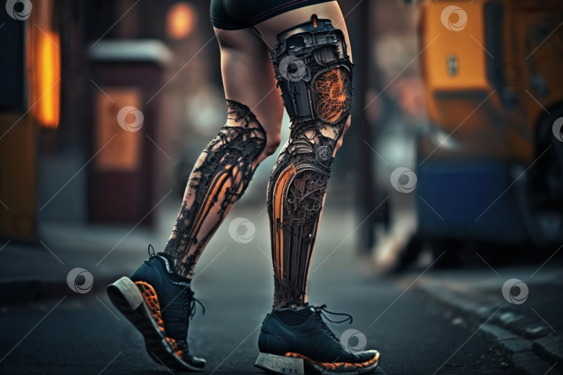 Скачать Крупный план ноги спортсменки с высокотехнологичными протезами. Здоровье и технологии будущего, концепция роботизированных конечностей. Иллюстрация, созданная генеративным искусственным интеллектом фотосток Ozero