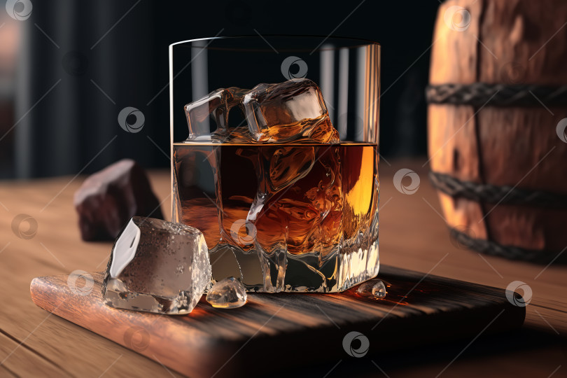 Скачать Дорогой алкогольный напиток класса люкс в бокале с кубиками льда, стоящий на деревянной подставке на столе рядом с бочкой, крупным планом. Порождающий искусственный интеллект фотосток Ozero
