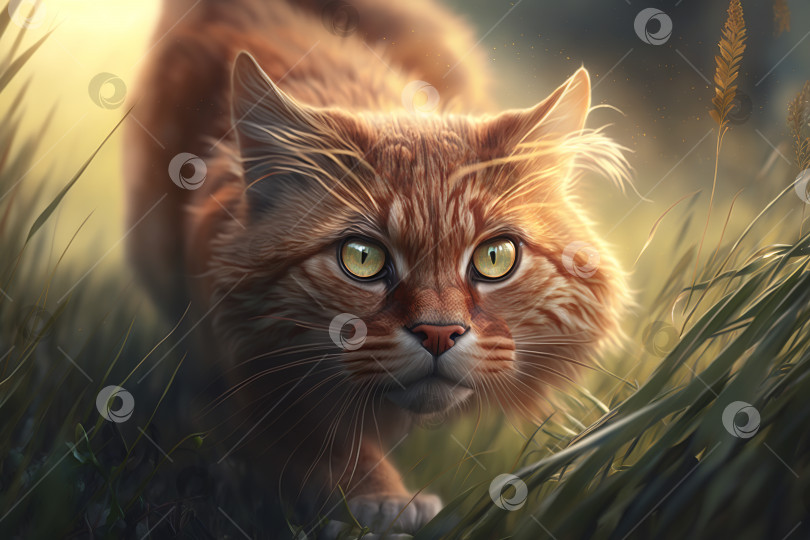 Скачать Рыжий кот-хищник, притаившийся в зеленой траве, охотится на домашних животных на открытом воздухе. Иллюстрация генеративного искусственного интеллекта фотосток Ozero