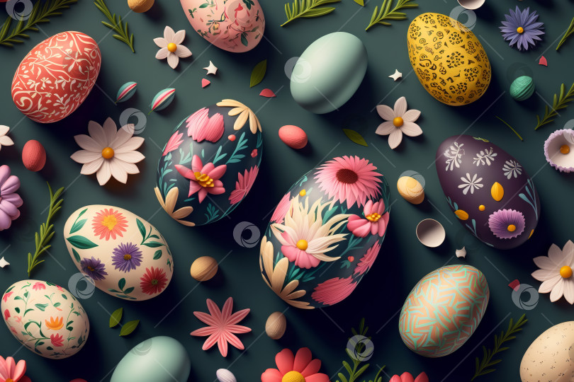 Скачать Празднично украшенные пасхальные яйца с весенним цветочным узором. Порождающий искусственный интеллект фотосток Ozero