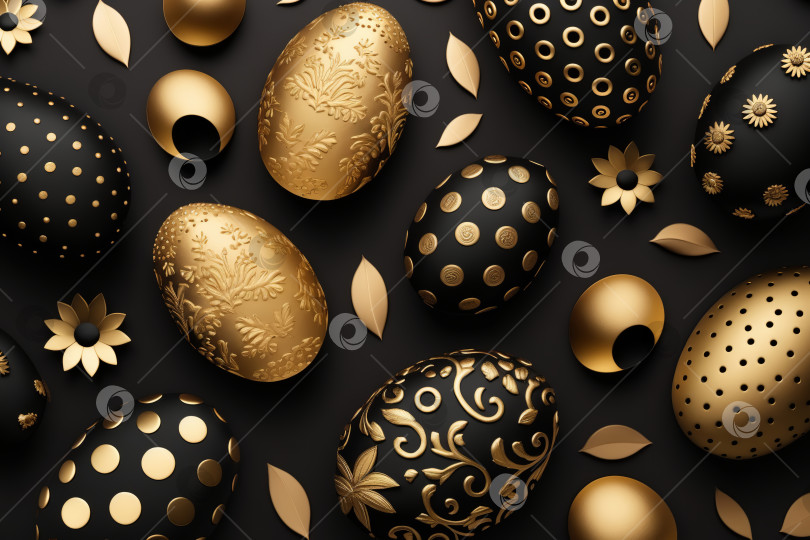 Скачать Фон пасхального яйца. Роскошные украшенные яйца, золотые и черные. Порождающий искусственный интеллект фотосток Ozero