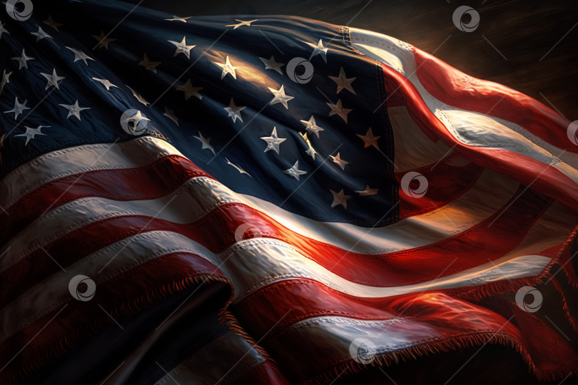 Скачать Развевающийся американский флаг на темном фоне, национальный символ США крупным планом. Иллюстрация, созданная генеративным искусственным интеллектом фотосток Ozero