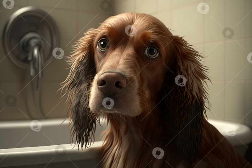 Скачать Породистая грустная милая мокрая собачка в ванной смотрит в камеру со смешным выражением лица. Мытье домашних животных, гигиена животных. Иллюстрация от generative ai фотосток Ozero