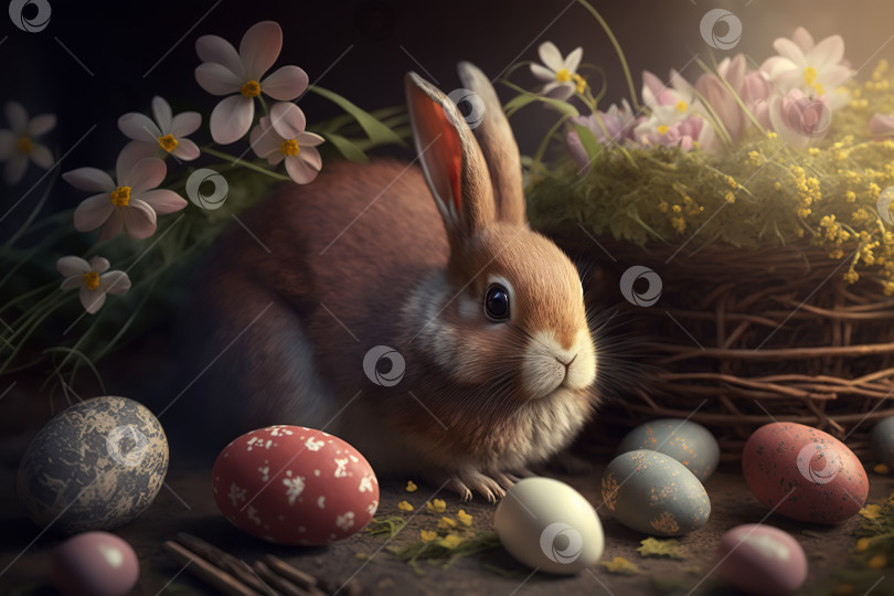 Скачать Пасхальный праздник. Милый пушистый кролик, корзина с цветами и украшенные яйца. Порождающий искусственный интеллект фотосток Ozero
