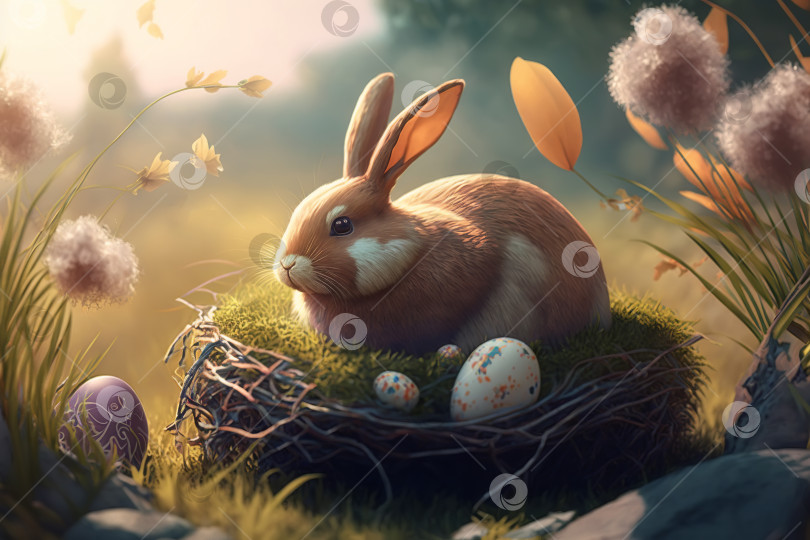 Скачать Милый пушистый пасхальный кролик сидит в гнезде на природе в солнечный день. Праздник Пасхи, кролик, весенние цветы и украшенные яйца на открытом воздухе. Пасхальный праздник. Порождающий искусственный интеллект фотосток Ozero