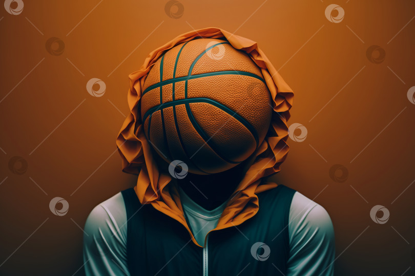 Скачать Баскетбол, спортивная креативная концепция. Баскетбольный мяч вместо головы у спортсмена-игрока в толстовке с капюшоном, стоящего в помещении. Порождающий искусственный интеллект фотосток Ozero