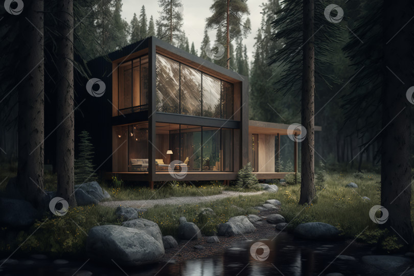 Скачать Экологичная минималистичная архитектура, внешний вид. Геометрический дом с окнами в лесу, на открытом воздухе. Порождающий искусственный интеллект фотосток Ozero
