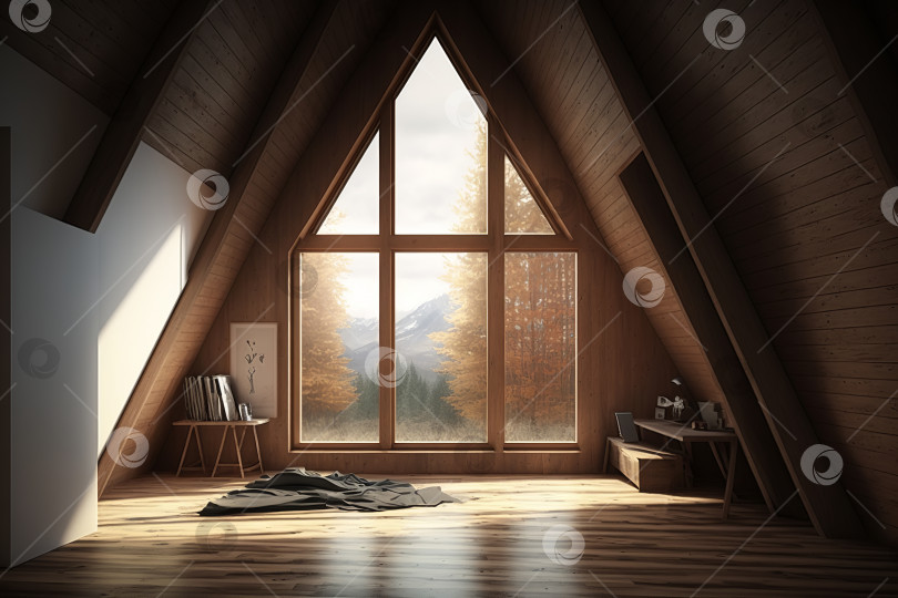 Скачать Минималистичный деревянный интерьер, комната треугольной формы, в помещении солнечный свет проникает через окно. Порождающий искусственный интеллект фотосток Ozero