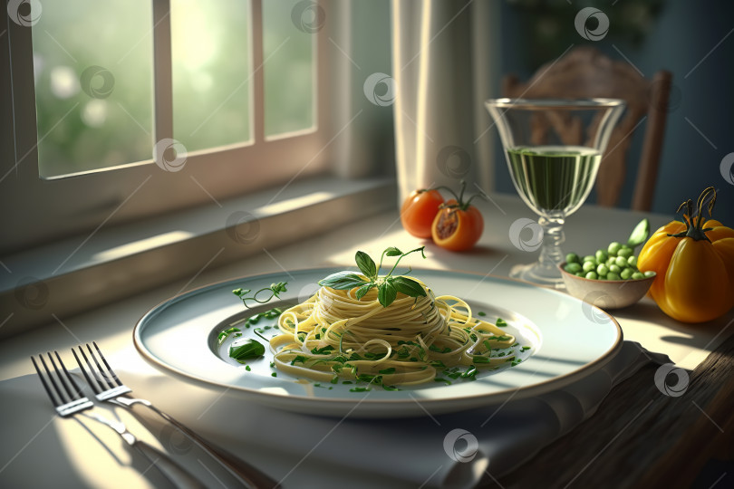 Скачать Итальянская паста в тарелке. Спагетти - традиционное блюдо на столе. Порождающий искусственный интеллект фотосток Ozero