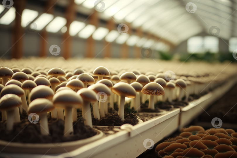 Скачать Выращивание грибов, концепция садоводства. Выращивание ряда органических грибов в теплице на ферме. Порождающий искусственный интеллект фотосток Ozero