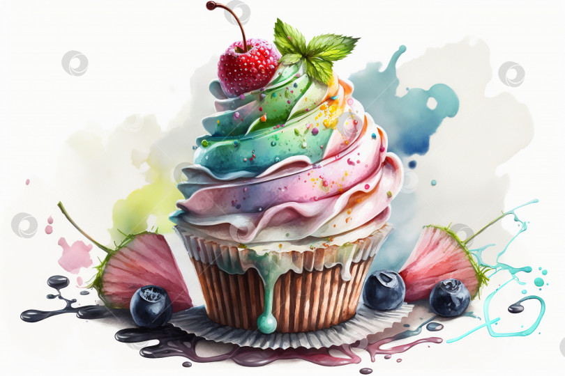 Скачать Фруктовый торт, сладкий десертный кекс с ягодами, красочная акварельная иллюстрация. Порождающий искусственный интеллект фотосток Ozero