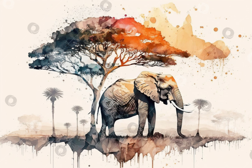 Скачать Африканская акварель. Африканский слон и дерево, абстрактная иллюстрация природы и жизни животных, генеративный искусственный интеллект фотосток Ozero
