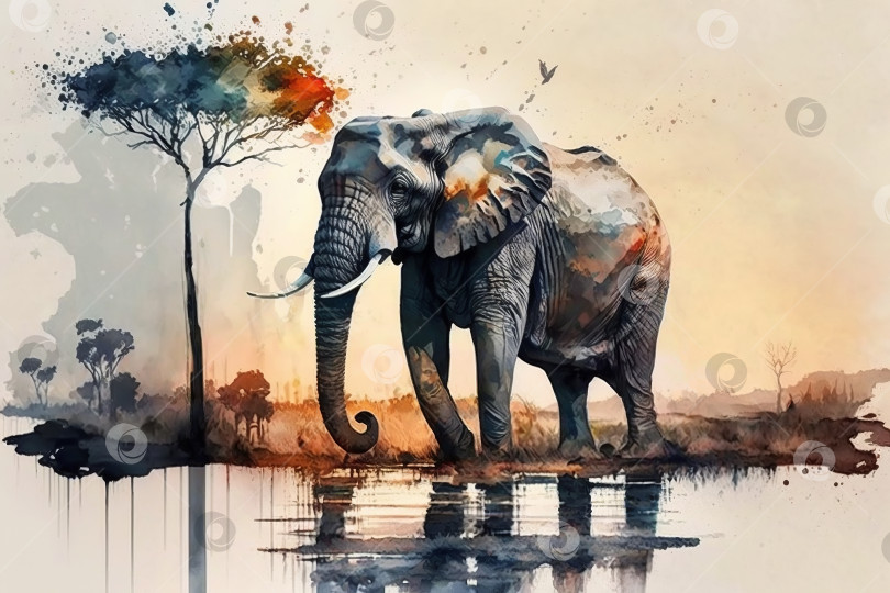 Скачать Большой красивый африканский слон и дерево, иллюстрация природы и жизни животных. Африканская акварель. Порождающий искусственный интеллект фотосток Ozero