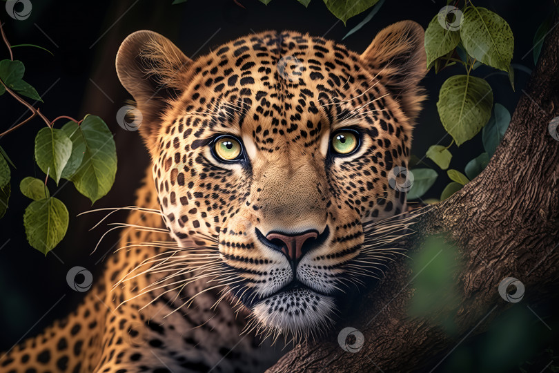 Скачать Исчезающий вид, редкое животное, концепция катастрофы в дикой природе. Портрет красивого леопарда на природе, хищник выглядывает из рамки листьев, глядя в камеру, на открытом воздухе. Порождающий искусственный интеллект фотосток Ozero