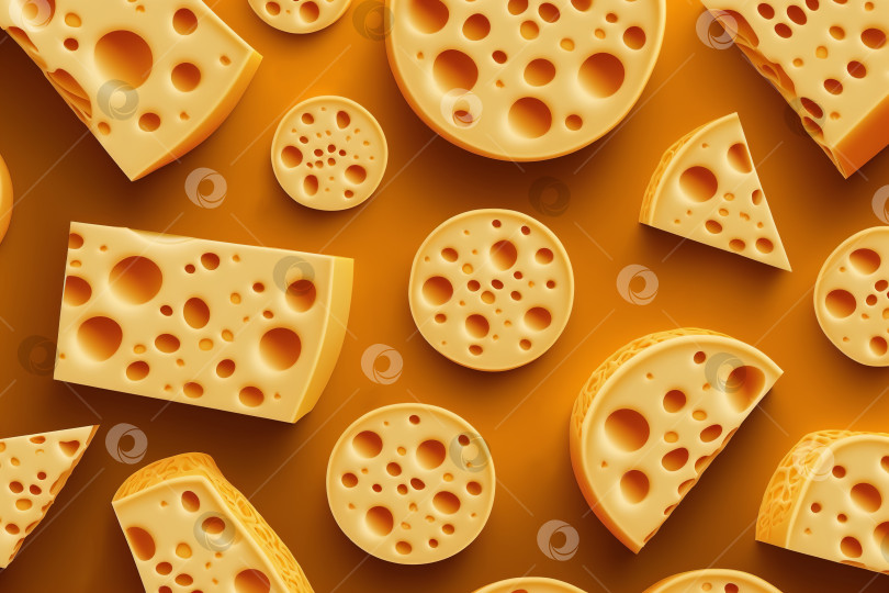 Скачать Сырный фон. Вид сверху сыры с дырками на желтом фоне, пищевой узор. Иллюстрация генеративного искусственного интеллекта фотосток Ozero