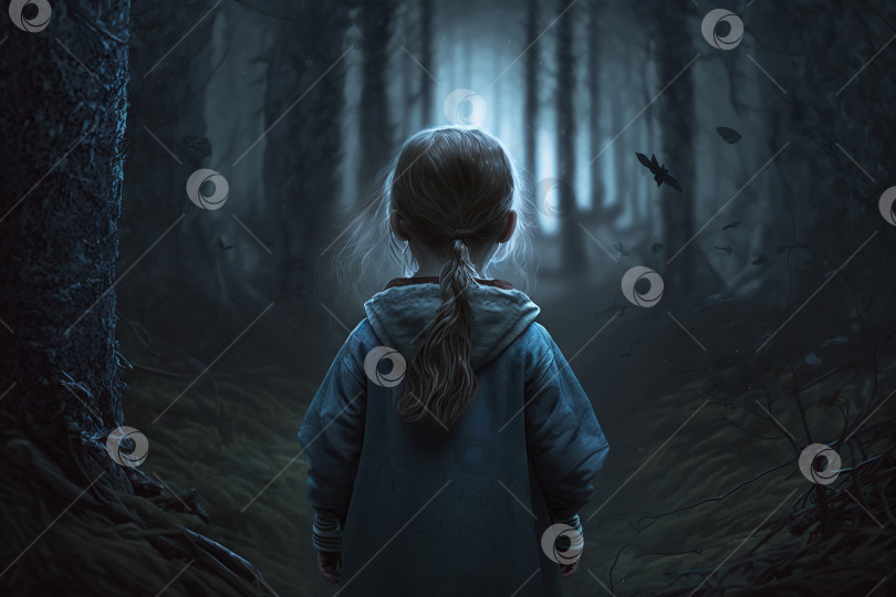 Скачать Одинокая маленькая девочка в темном лесу. Вид сзади на потерявшегося испуганного ребенка на открытом воздухе. Иллюстрация генеративного искусственного интеллекта фотосток Ozero