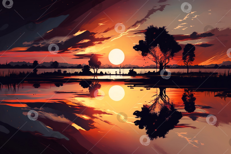 Скачать Пейзаж на закате, силуэт дерева на фоне неба, реки и солнца. Иллюстрация генеративного искусственного интеллекта фотосток Ozero