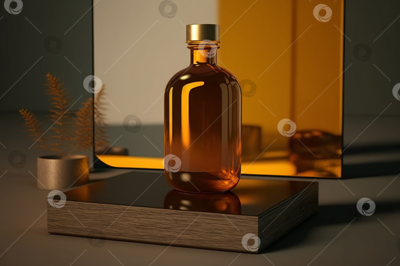 Скачать Макет янтарной бутылки. Желтый флакон косметики, стоящий на деревянном подиуме на фоне стекла. Порождающий искусственный интеллект фотосток Ozero