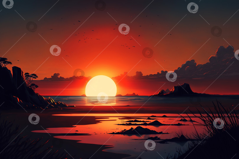 Скачать Закат на море, красное яркое солнце. Ландшафтная иллюстрация с генеративным искусственным интеллектом фотосток Ozero