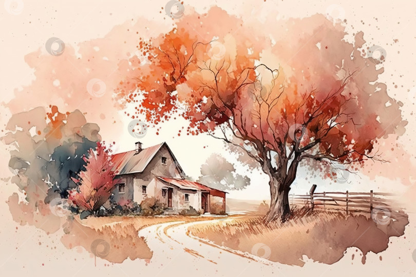 Скачать Акварельная иллюстрация сельского осеннего пейзажа. Дом, осеннее дерево. Порождающий искусственный интеллект фотосток Ozero