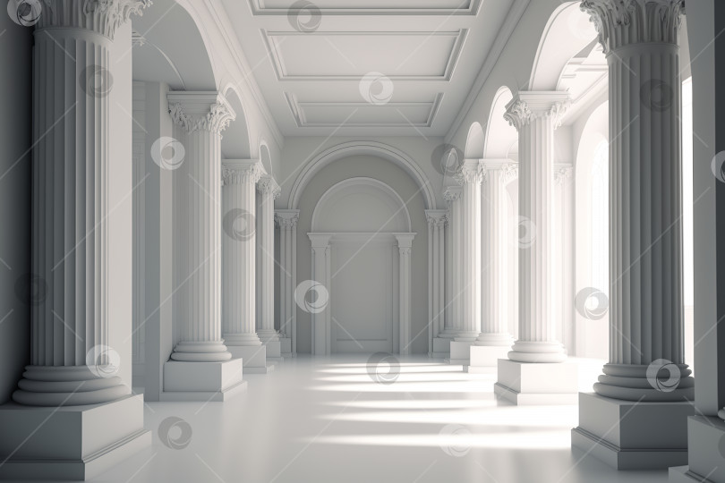 Скачать Белый пустой зал с колоннами. Минималистичный интерьер в классическом стиле, в закрытом помещении. креативный порождающий искусственный интеллект фотосток Ozero