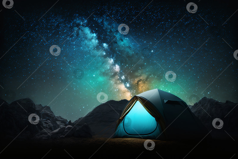 Скачать Светящаяся походная палатка в горах ночью, звездное небо. Концептуальный поход, путешествие. Порождающий искусственный интеллект фотосток Ozero