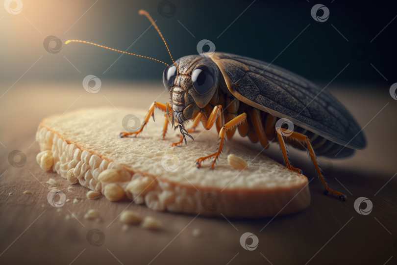 Скачать Крупный план таракана на куске хлеба, отвратительного насекомого-паразита в помещении. Иллюстрация генеративного искусственного интеллекта фотосток Ozero