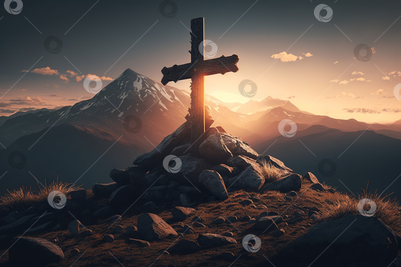 Скачать Священный древний деревянный крест на камнях в горах. Священный символ веры и вероисповедания. Иллюстрация генеративного искусственного интеллекта фотосток Ozero