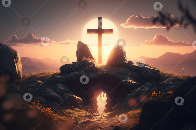Скачать Силуэт священного древнего религиозного креста на камнях в горах. Святой символ веры и надежды. Иллюстрация генеративного искусственного интеллекта фотосток Ozero
